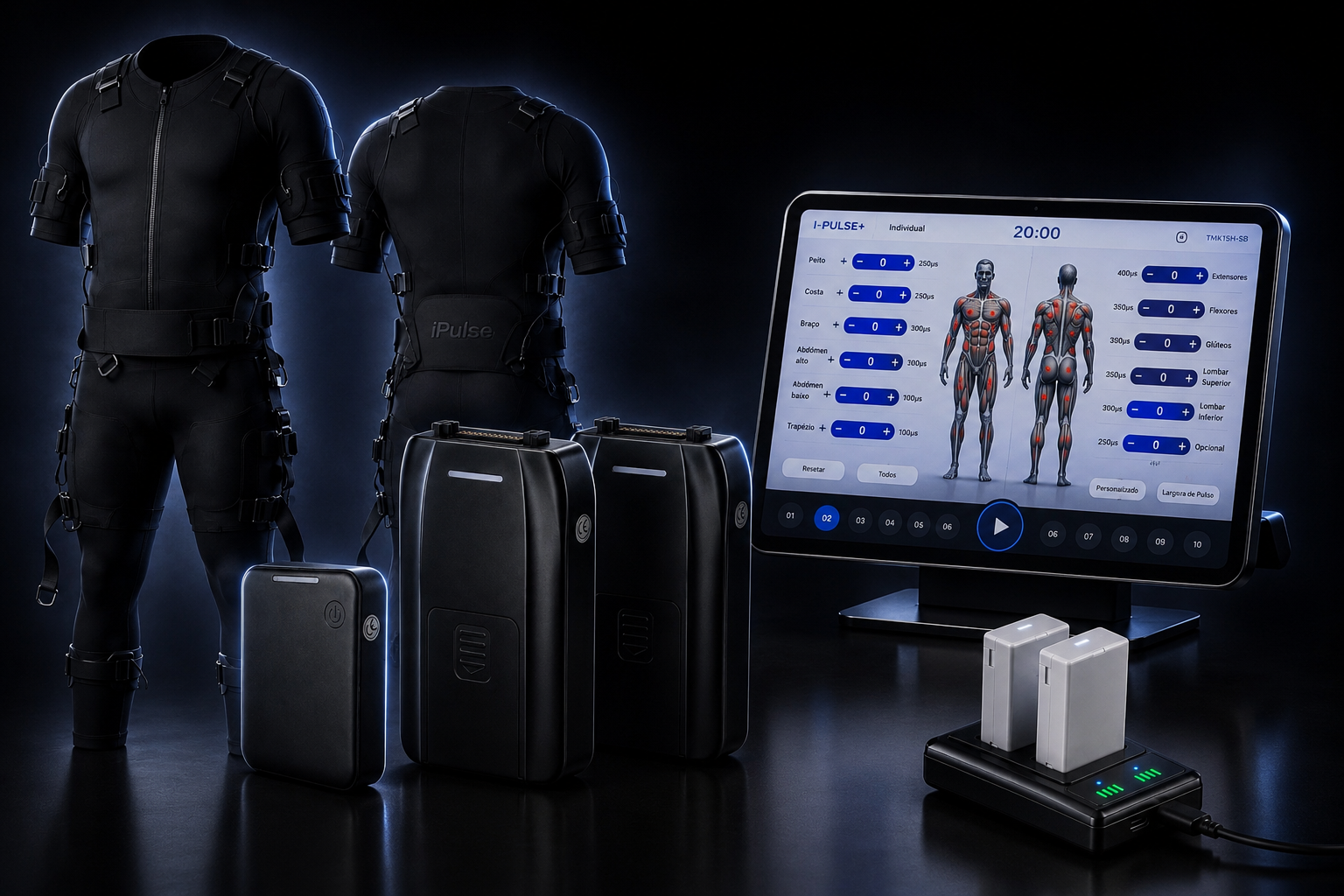 Conjunto I-Pulse+ com trajes de eletroestimulação, unidades de controle e tela de operação